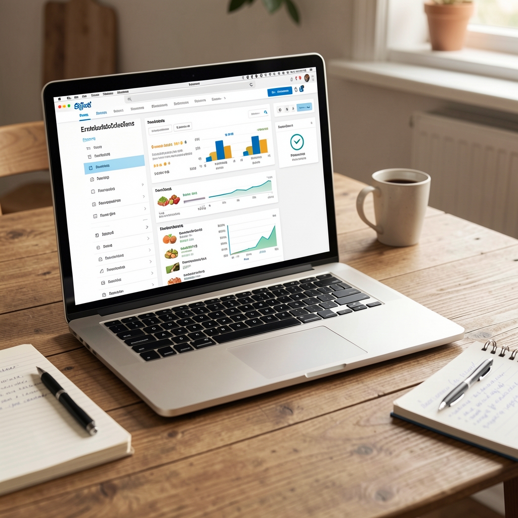 Laptop auf einem Holztisch mit geöffneter Ernährungsdatenbank, Notizen daneben, ruhige Atmosphäre