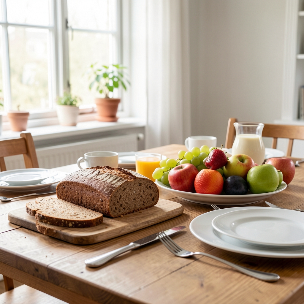 Frühstückstisch mit Vollkornbrot, frischem Obst und einem Glas Wasser, helles nordisches Licht