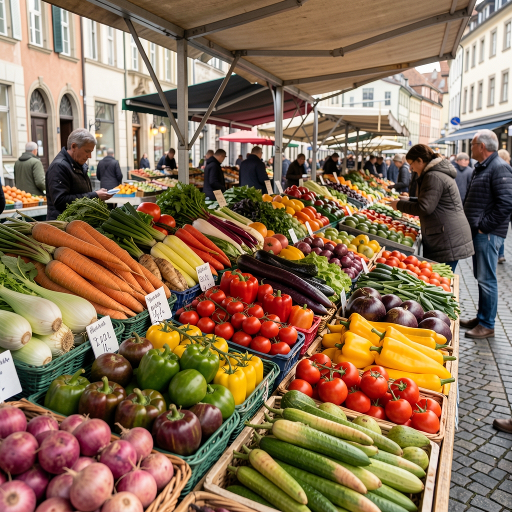 Stapel bunter Gemüsesorten auf einem Marktstand in Zürich, lebendige Farben, natürliches Licht