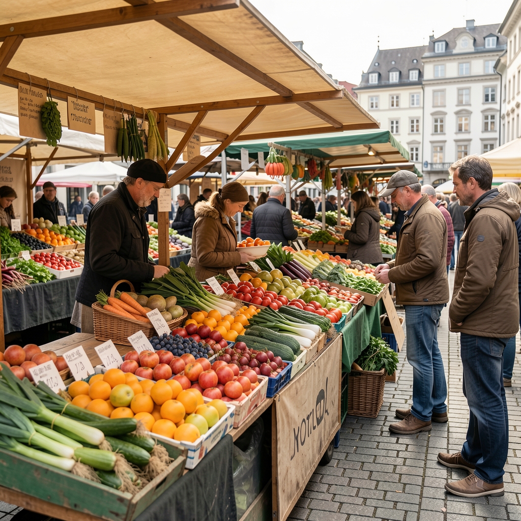 Bauernmarkt-Stand in Zürich mit regionalen Früchten und Gemüse, lebendige Atmosphäre